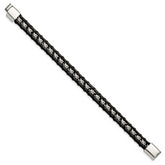 Chisel Stainless Steel Polished Flower Link Black Leather 8.25 inch Bracelet